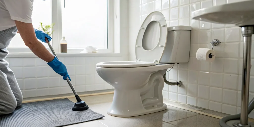 A person uses a plunger to fix a clogged toilet plumbing problem.