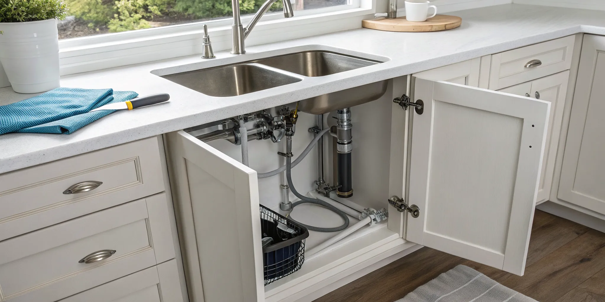 Kitchen sink cabinet open showing plumbing pipes and drain in need of repair.