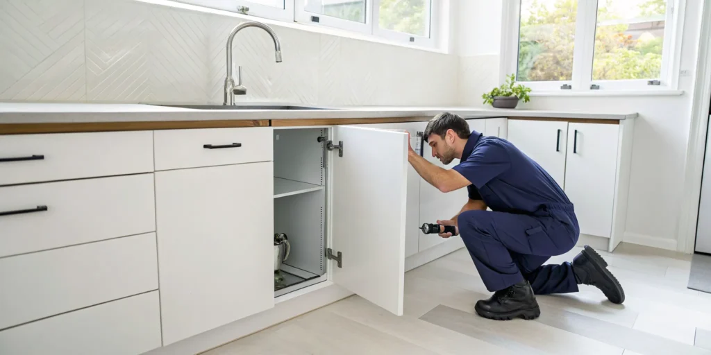 Plumber performing water leak detection under a kitchen sink.