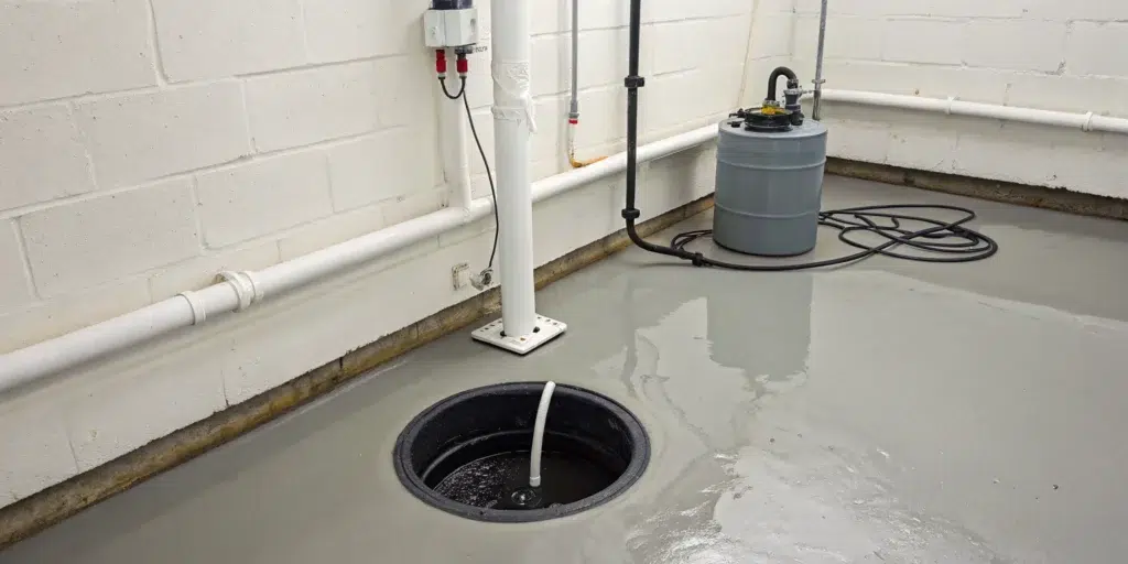 Sump pump maintenance check on a system with a backup battery in a clean pit.