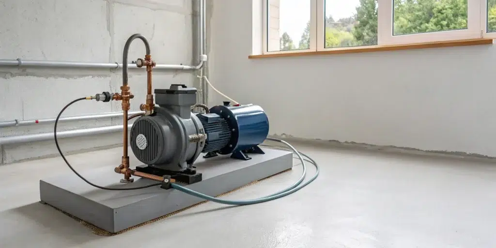 A residential water pump system with a pressure tank and pipes for a home's water supply.
