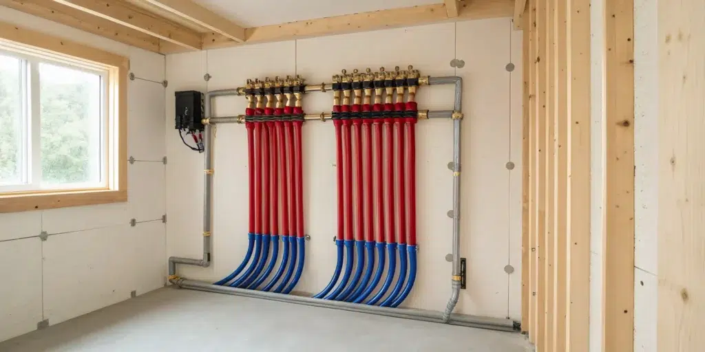 PEX plumbing manifold with red and blue pipes installed on a basement wall.