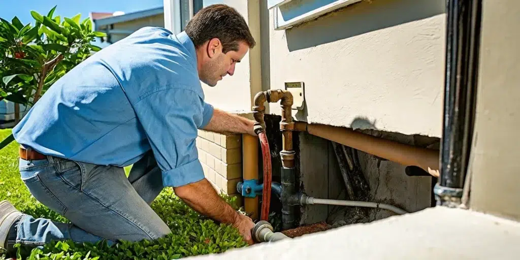 Homeowner shutting off water before burst pipe repair in Fort Myers