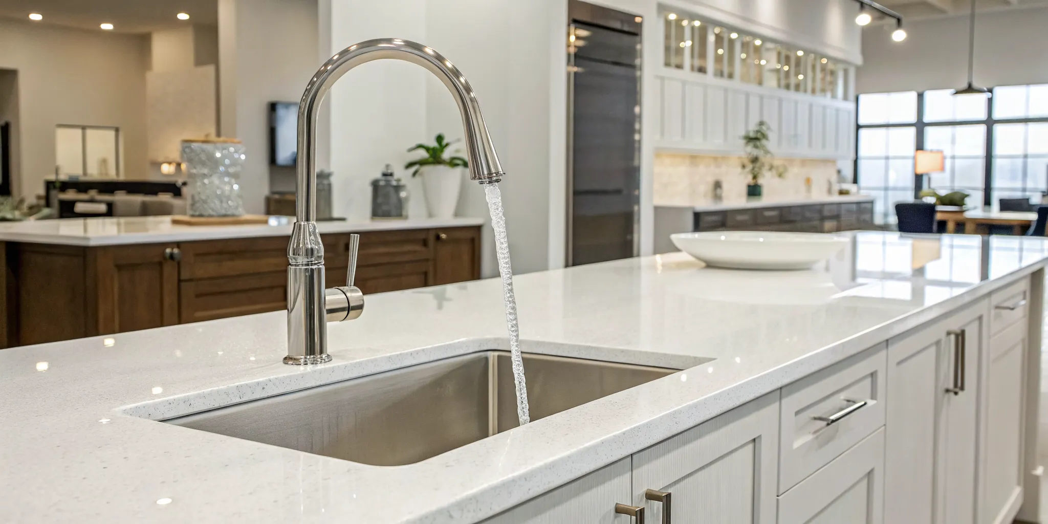 A modern, high-arc kitchen faucet with a single handle on a kitchen island.