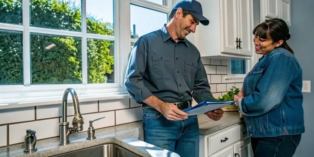 Plumber reviewing a fixed-price service quote with a homeowner