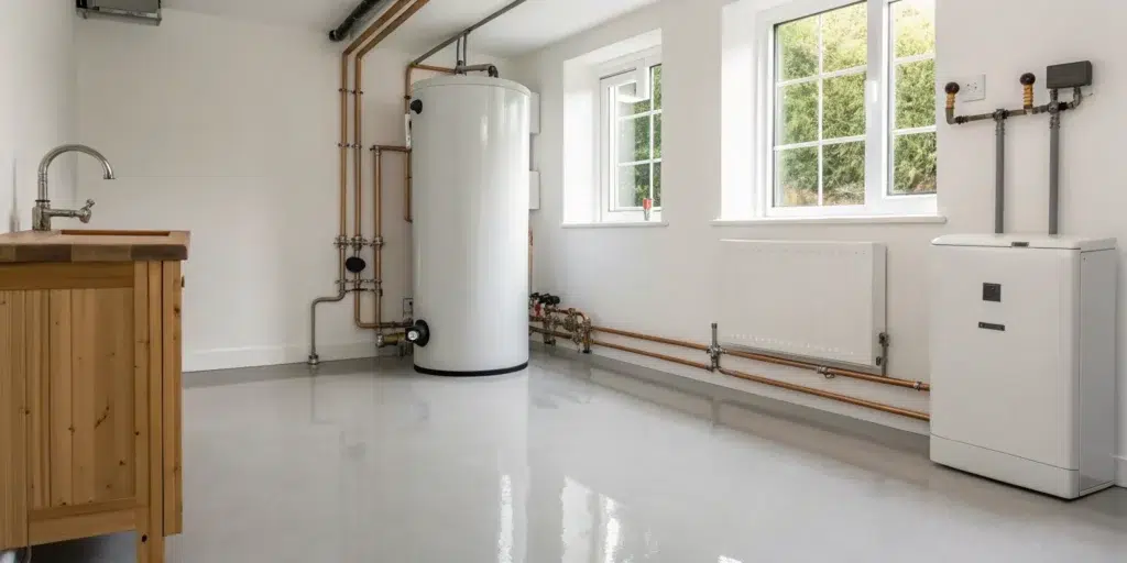 A new water heater professionally installed in a utility room.
