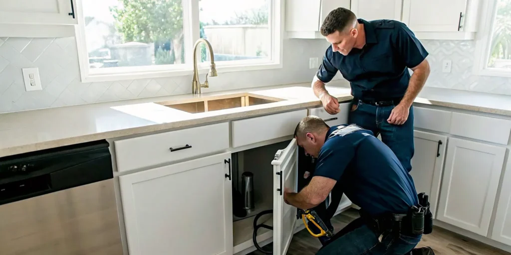 Professional plumber inspecting a kitchen sink drain in a bright home