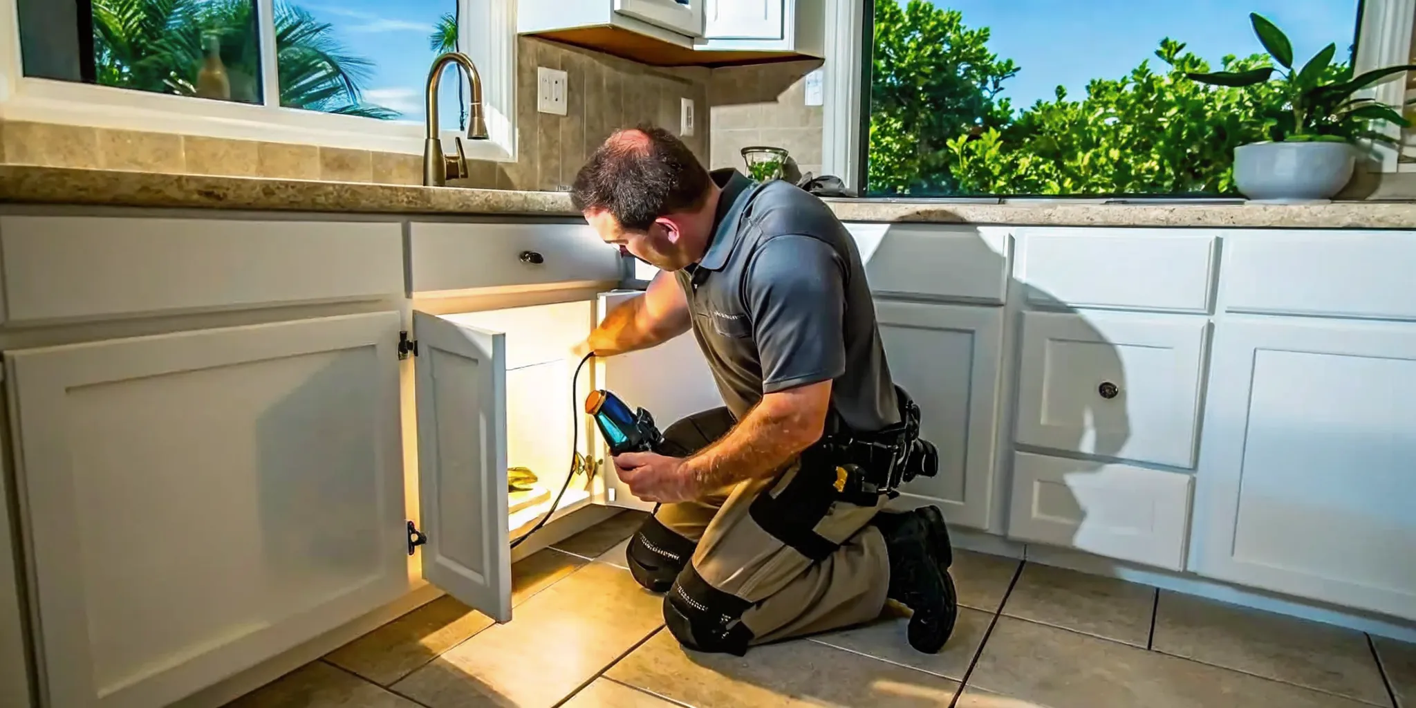 Professional plumber checking for a hidden water leak in a Fort Myers home