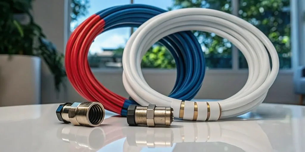 Red, blue, and white PEX pipe with brass fittings for a home plumbing system.