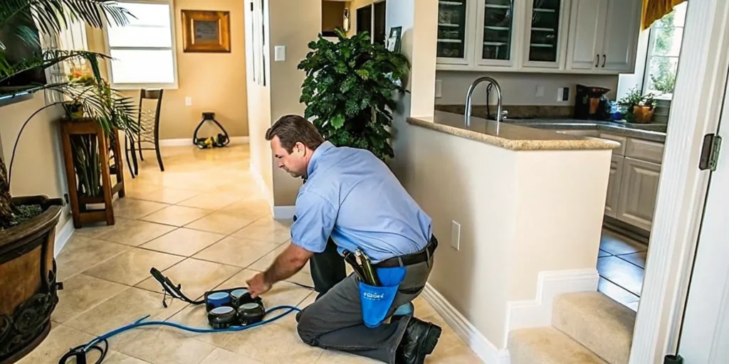 Plumber performing slab leak detection in a Fort Myers home