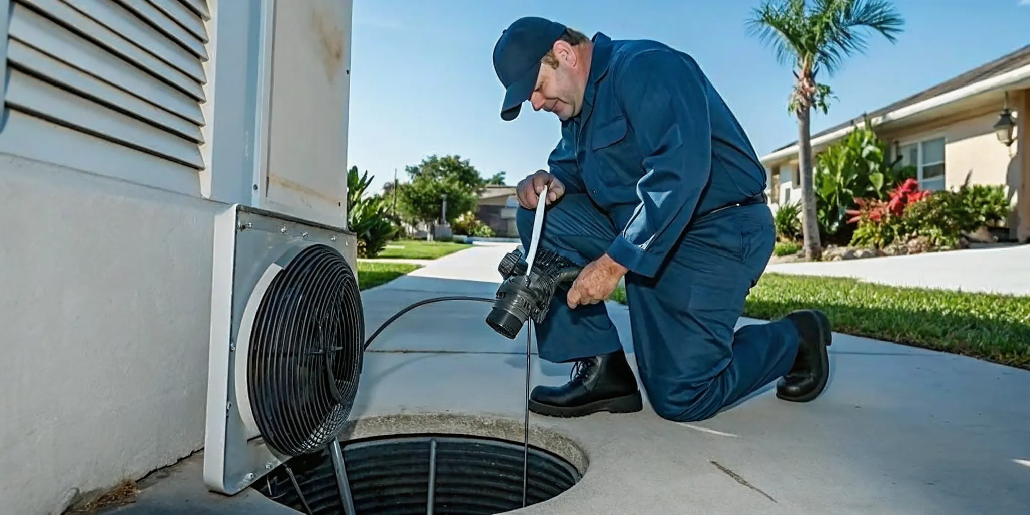 Plumber inspecting a sewer line at a Fort Myers home