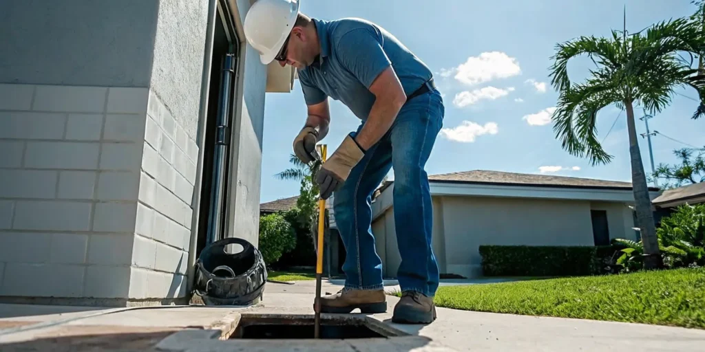 Plumber inspecting a trenchless sewer repair access point at a Fort Myers home