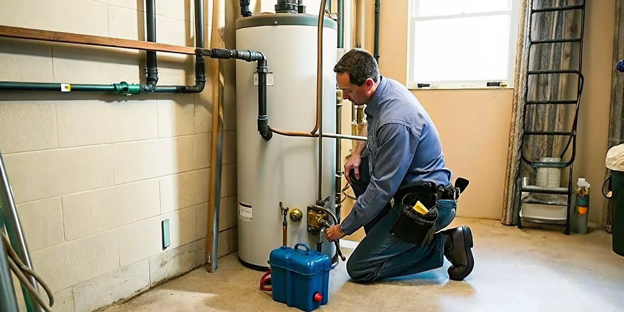 Plumber inspecting a residential water heater in Fort Myers