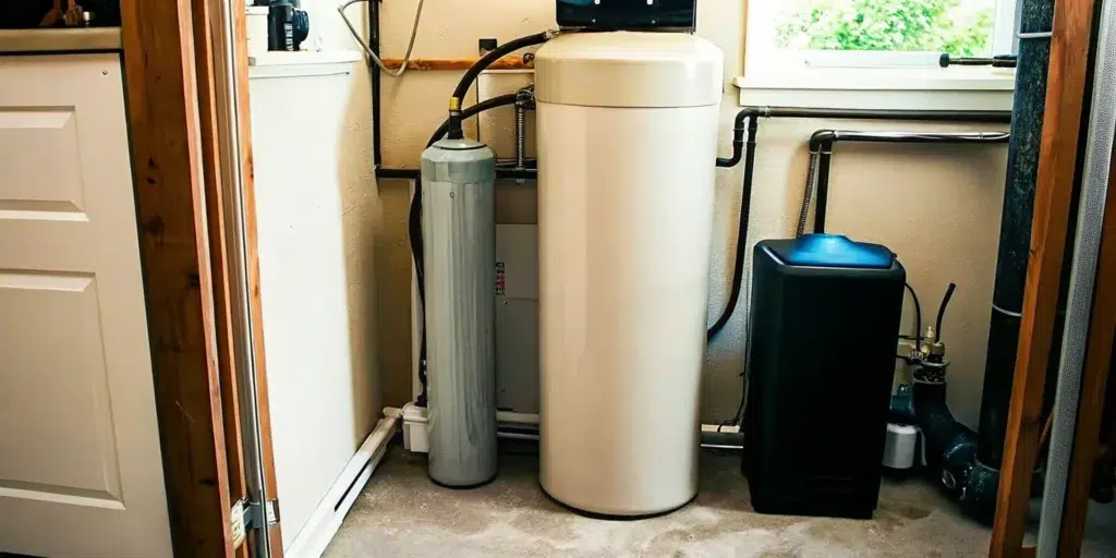 A modern residential water softener system installed in a neat Florida home utility room