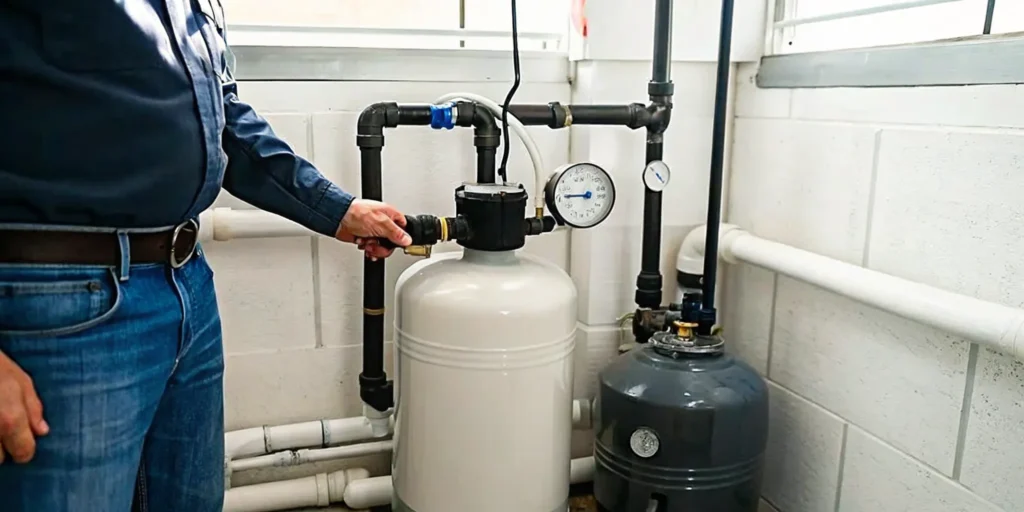 Plumber inspecting a residential well pump pressure tank