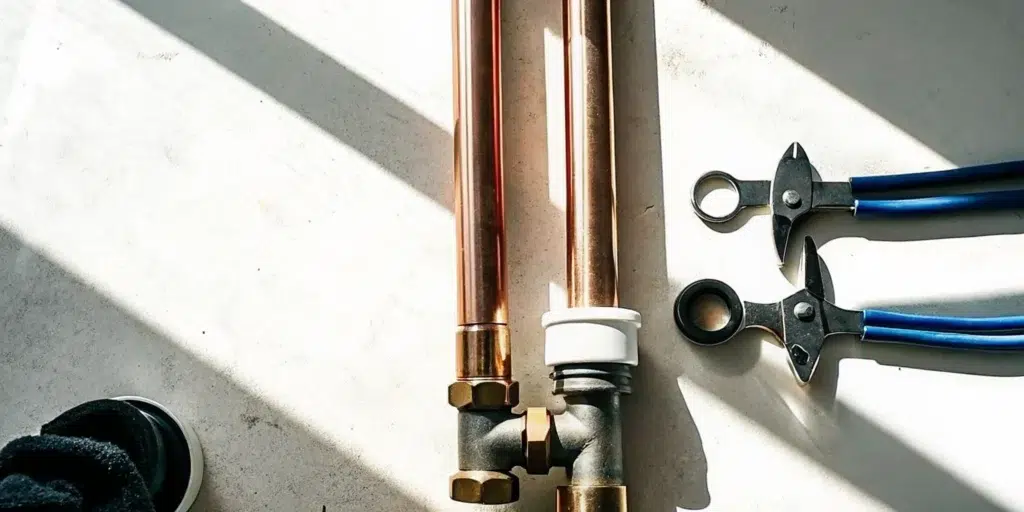 Various copper water pipe sections and fittings for a home plumbing system.