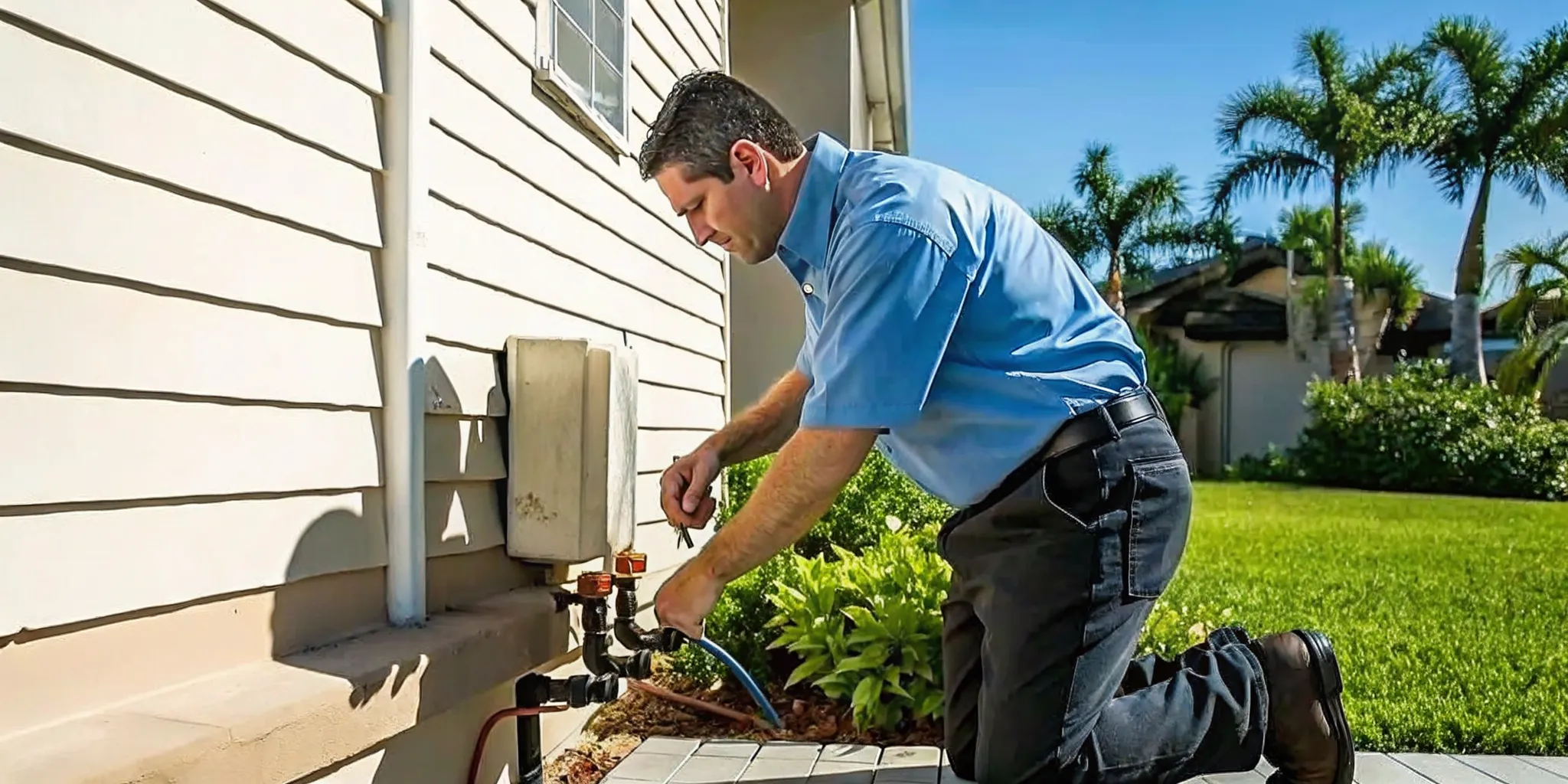 Professional plumber testing a backflow prevention device outside a Florida home