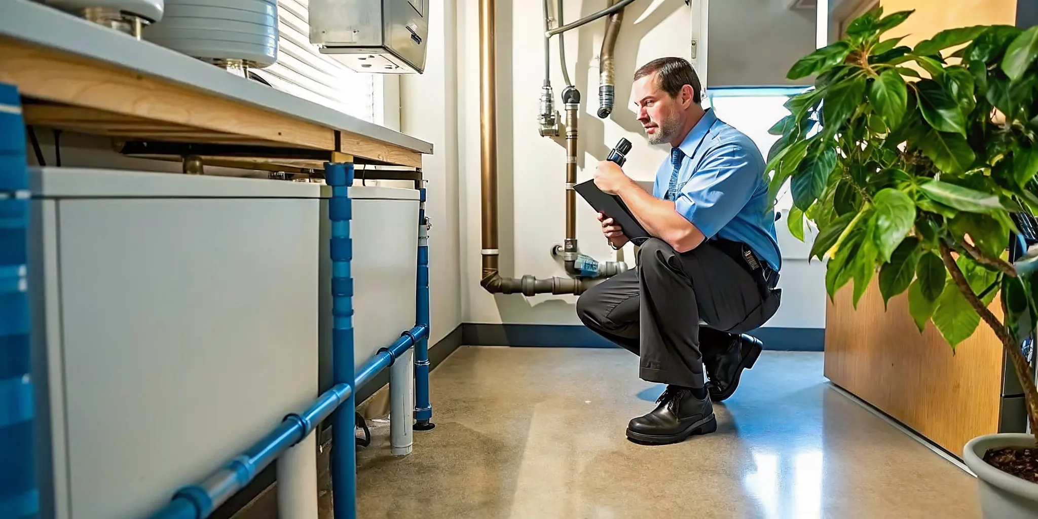 Professional commercial plumber inspecting pipes in a commercial building in Fort Myers