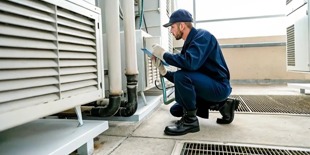 A professional plumber inspecting pipes in a clean commercial facility