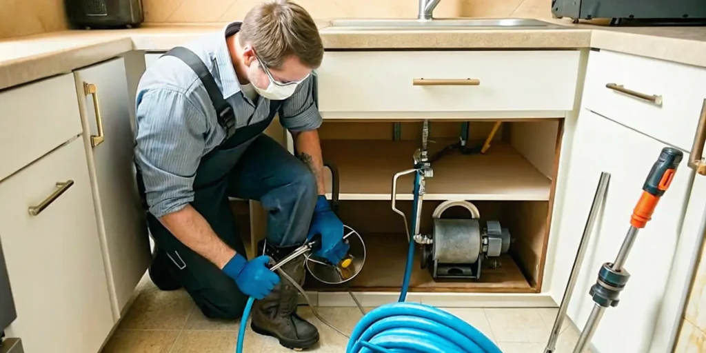 Professional plumber using hydro jetting machine for drain cleaning in Fort Myers home