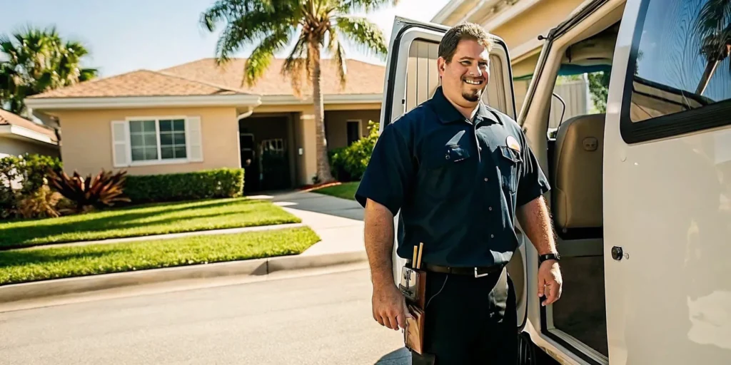 Professional plumber at a service van in a sunny Fort Myers neighborhood