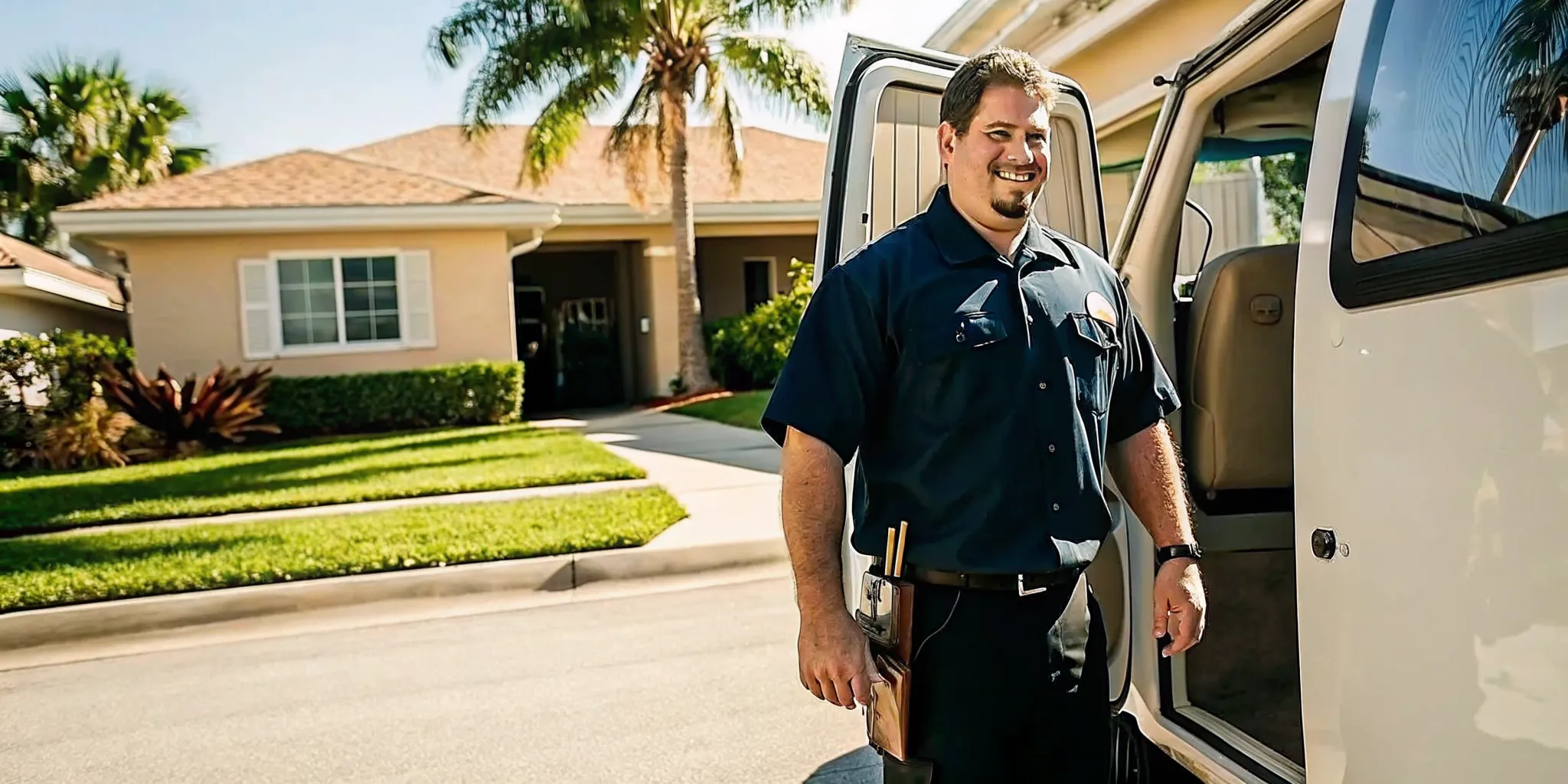 Professional plumber at a service van in a sunny Fort Myers neighborhood