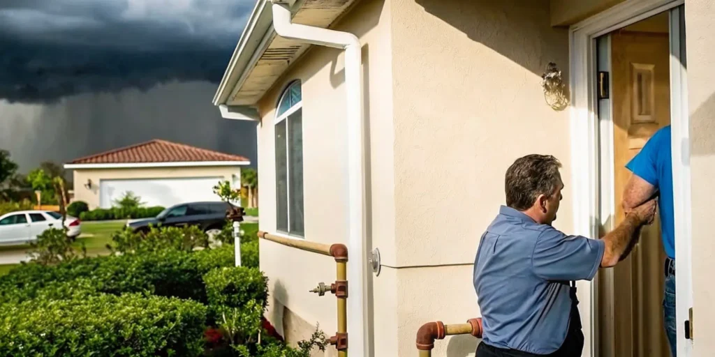 Plumbing technician checking a house water shutoff valve ahead of a hurricane