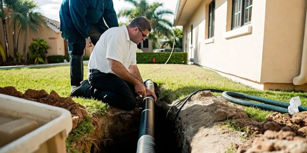 Professional plumbers inspecting a sewer line replacement project in a Fort Myers residential yard