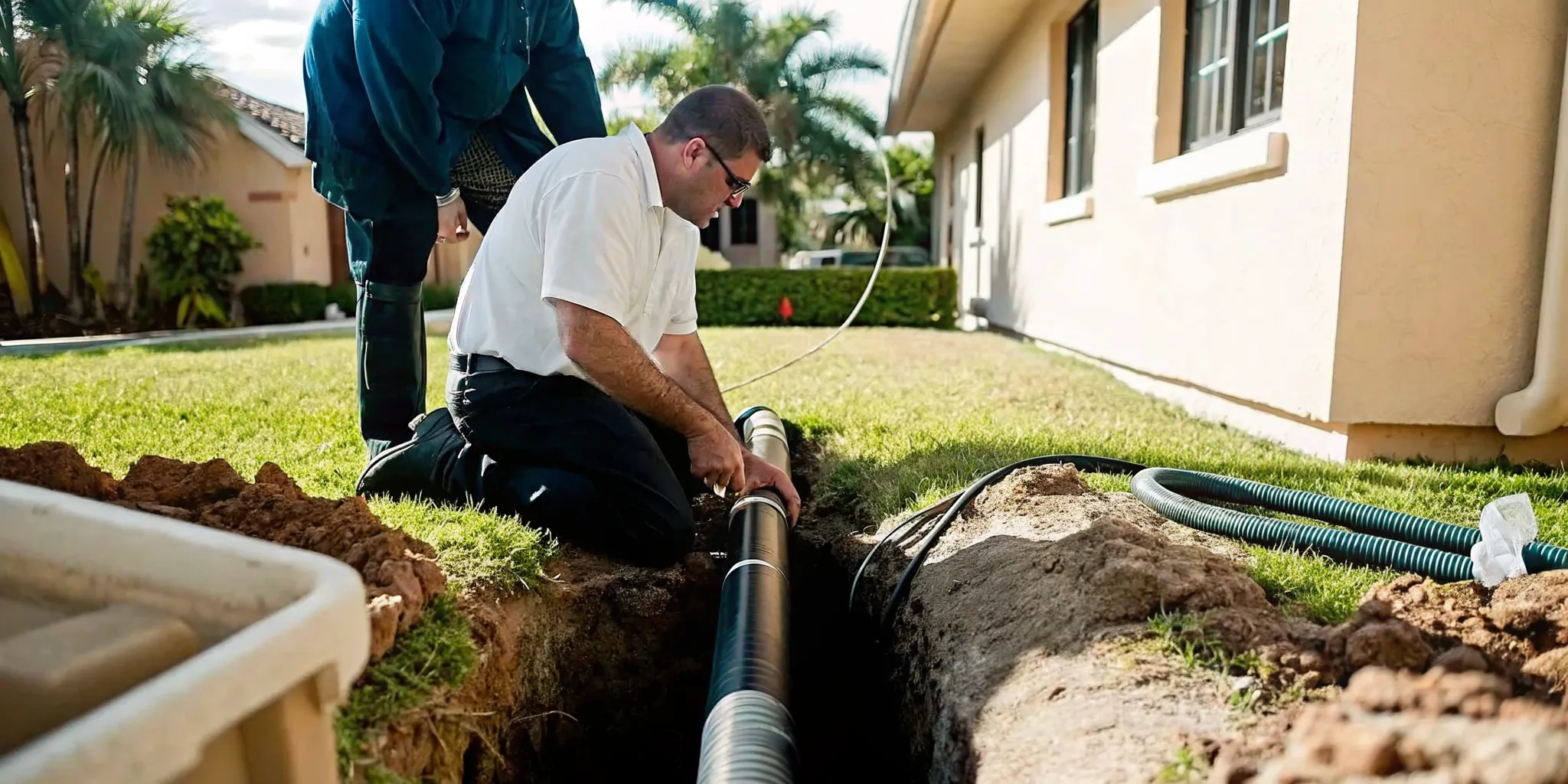 Professional plumbers inspecting a sewer line replacement project in a Fort Myers residential yard