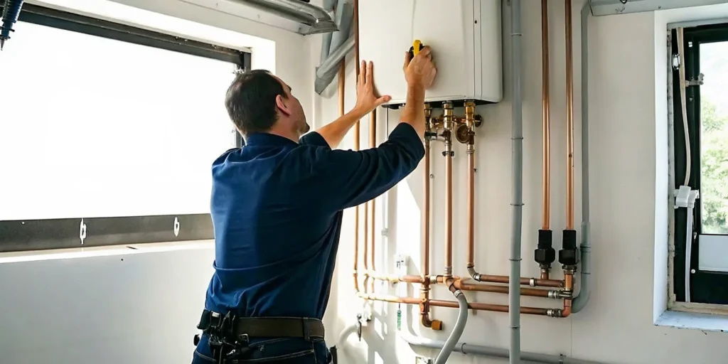 Professional plumber installing a tankless water heater on a wall in a Fort Myers Florida home