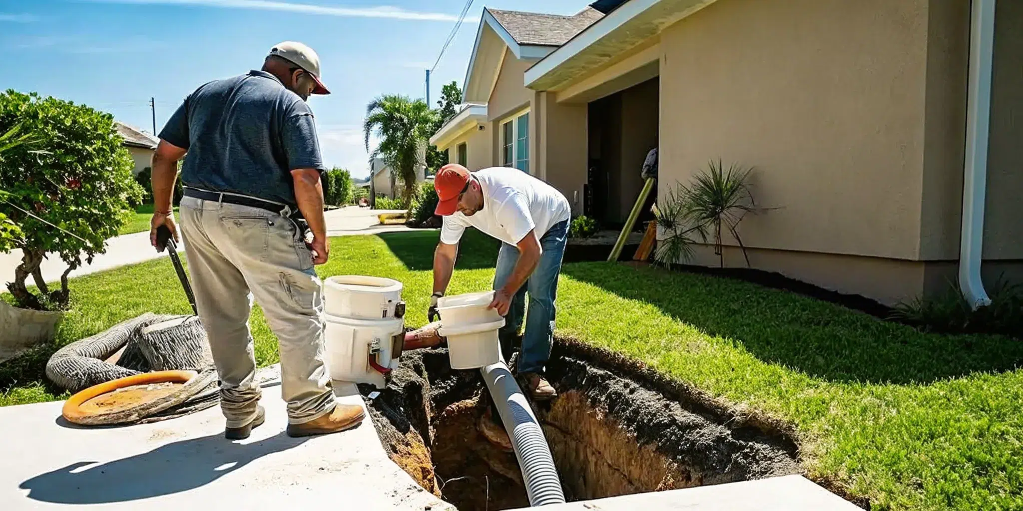Trenchless sewer repair crew working on pipe lining equipment in a Fort Myers residential yard