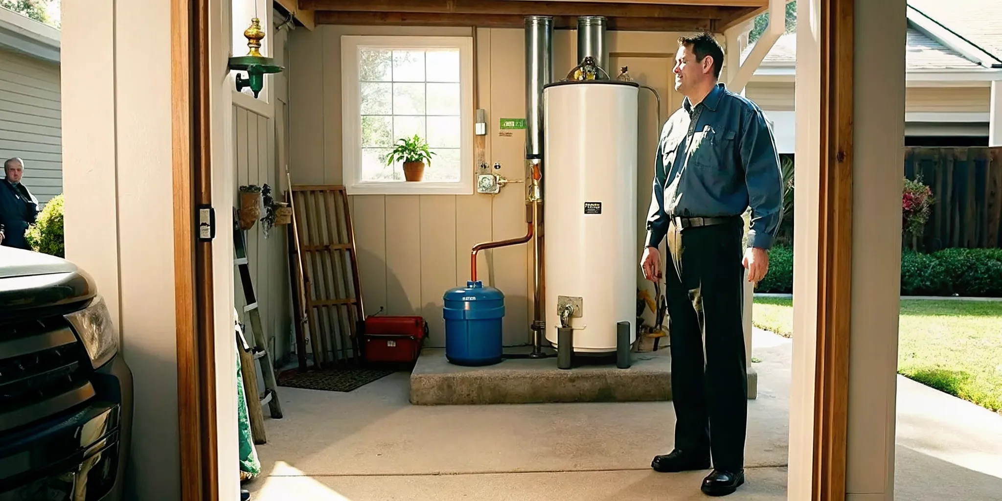 Professional plumber installing a modern water heater in a Fort Myers home garage