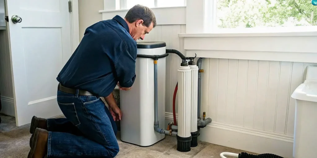 Water softener system installed in a Fort Myers Florida home utility room with professional plumbing connections