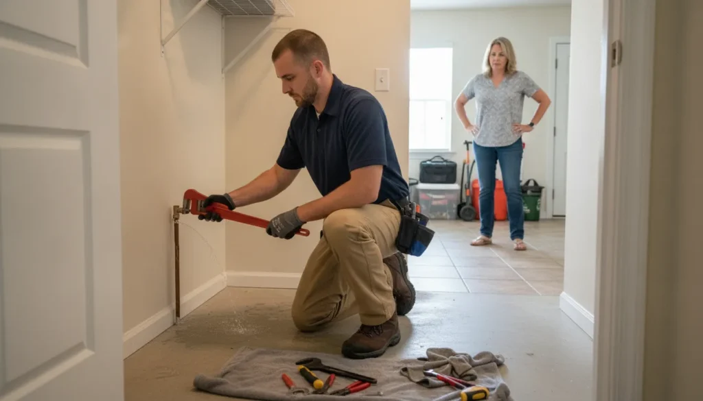 Emergency plumber helping with a burst pipe in a Fort Myers home