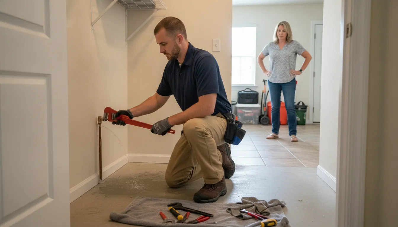 Emergency plumber helping with a burst pipe in a Fort Myers home