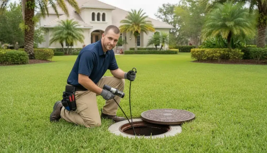 Plumber inspecting a sewer access point in a Fort Myers yard