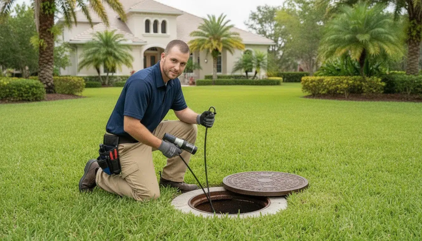 Plumber inspecting a sewer access point in a Fort Myers yard