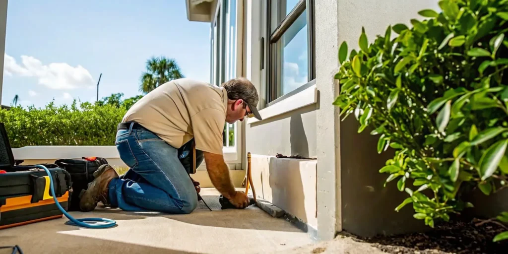 Professional plumber using electronic leak detection equipment on a concrete slab foundation in a Fort Myers home
