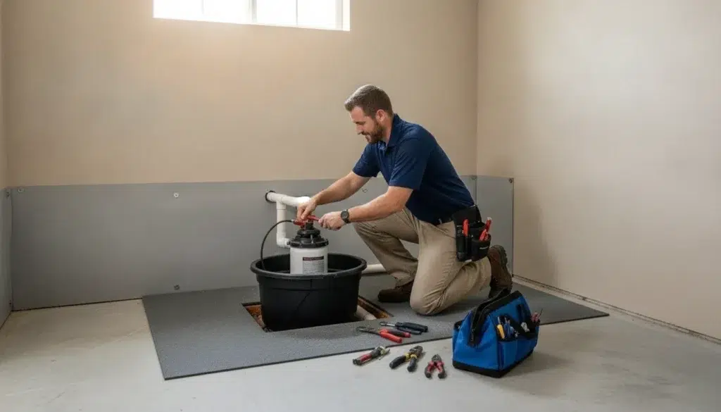 Plumber installing a sump pump in a Florida home