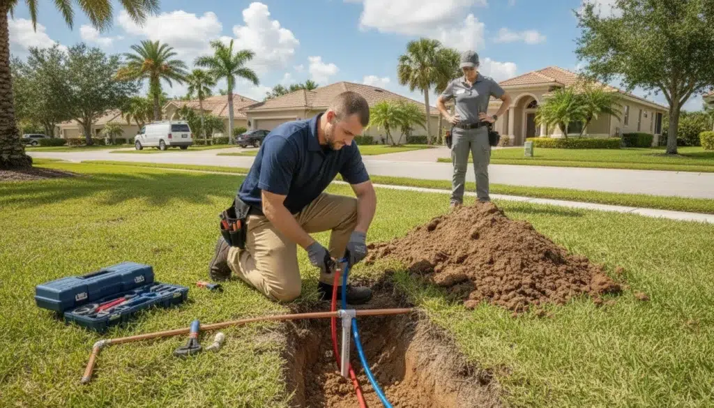 Plumber technician repairing an underground water supply line at a Fort Myers home