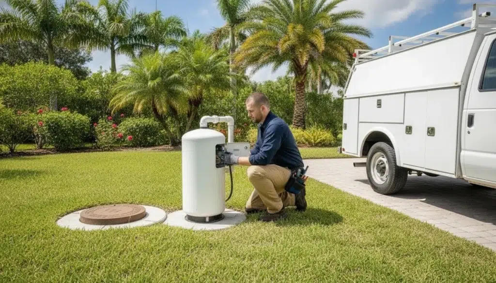 Plumber inspecting a residential well pump pressure tank beside a Southwest Florida home