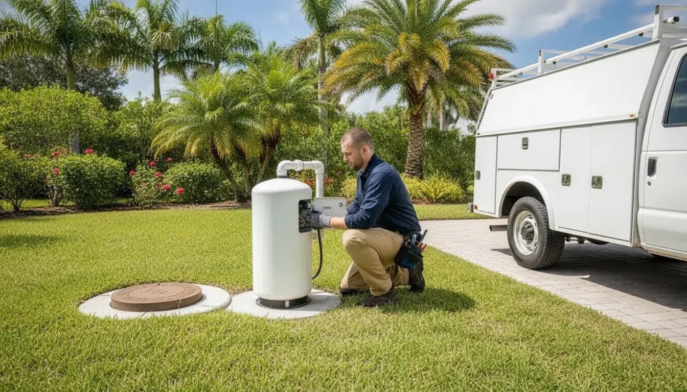 Plumber inspecting a residential well pump pressure tank beside a Southwest Florida home