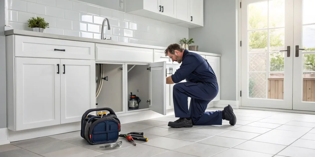 Plumber fixing a clogged drain under a kitchen sink.
