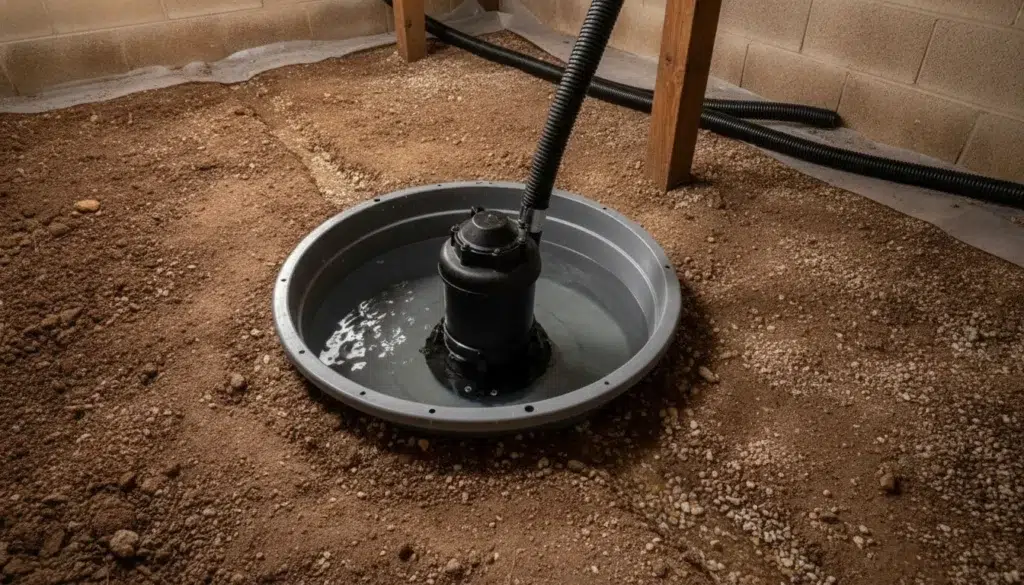 Sump pump basin collecting water in a residential crawlspace