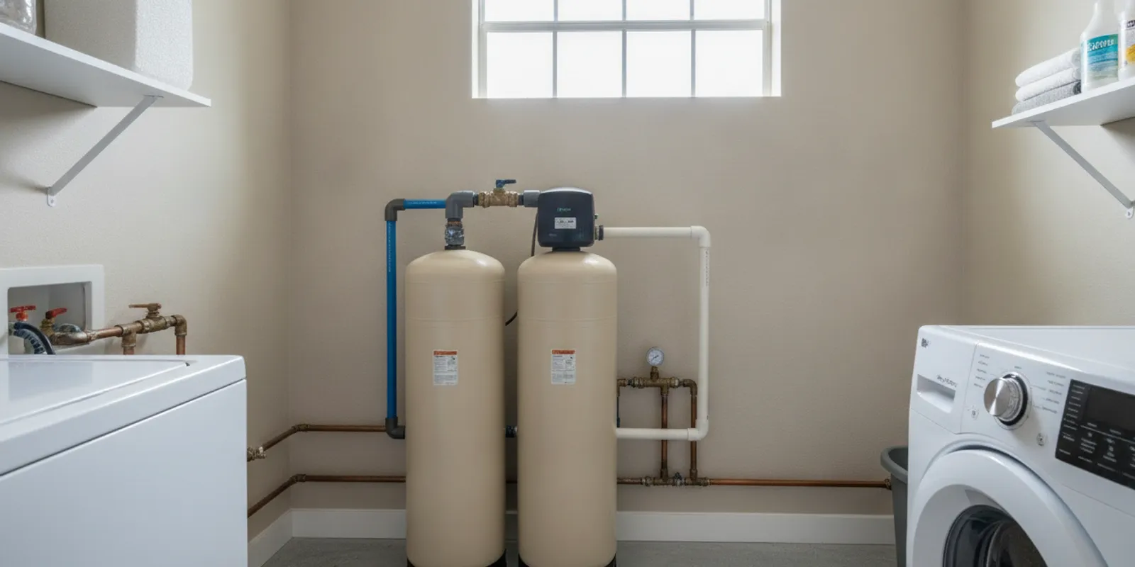 Water softener equipment installed neatly beside plumbing in a Southwest Florida home