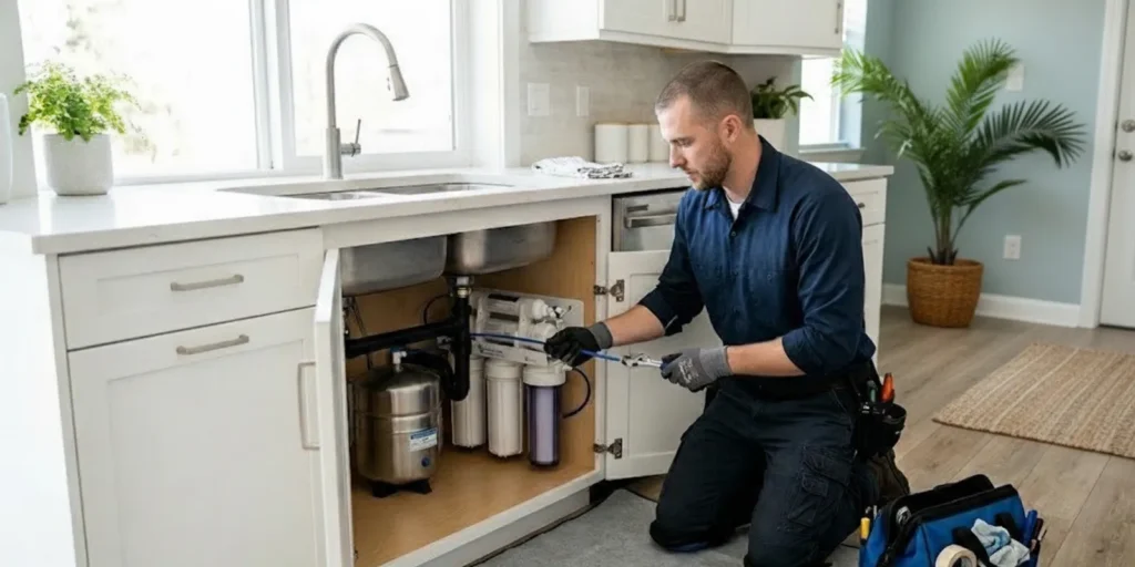 Plumber inspecting an exposed water pipe in a bright Sanibel home