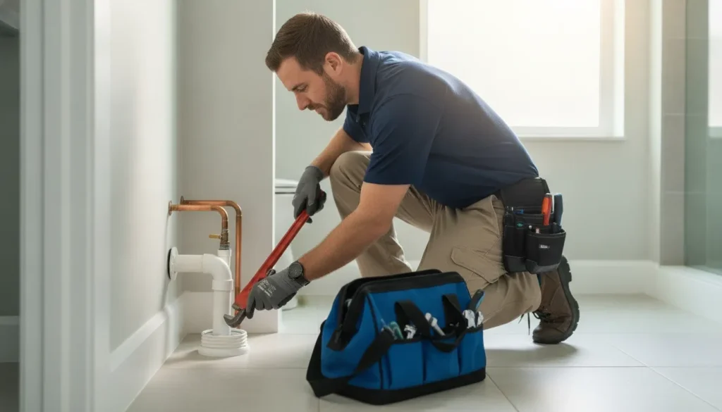 Plumber inspecting residential plumbing during sewer cleaning and drain service