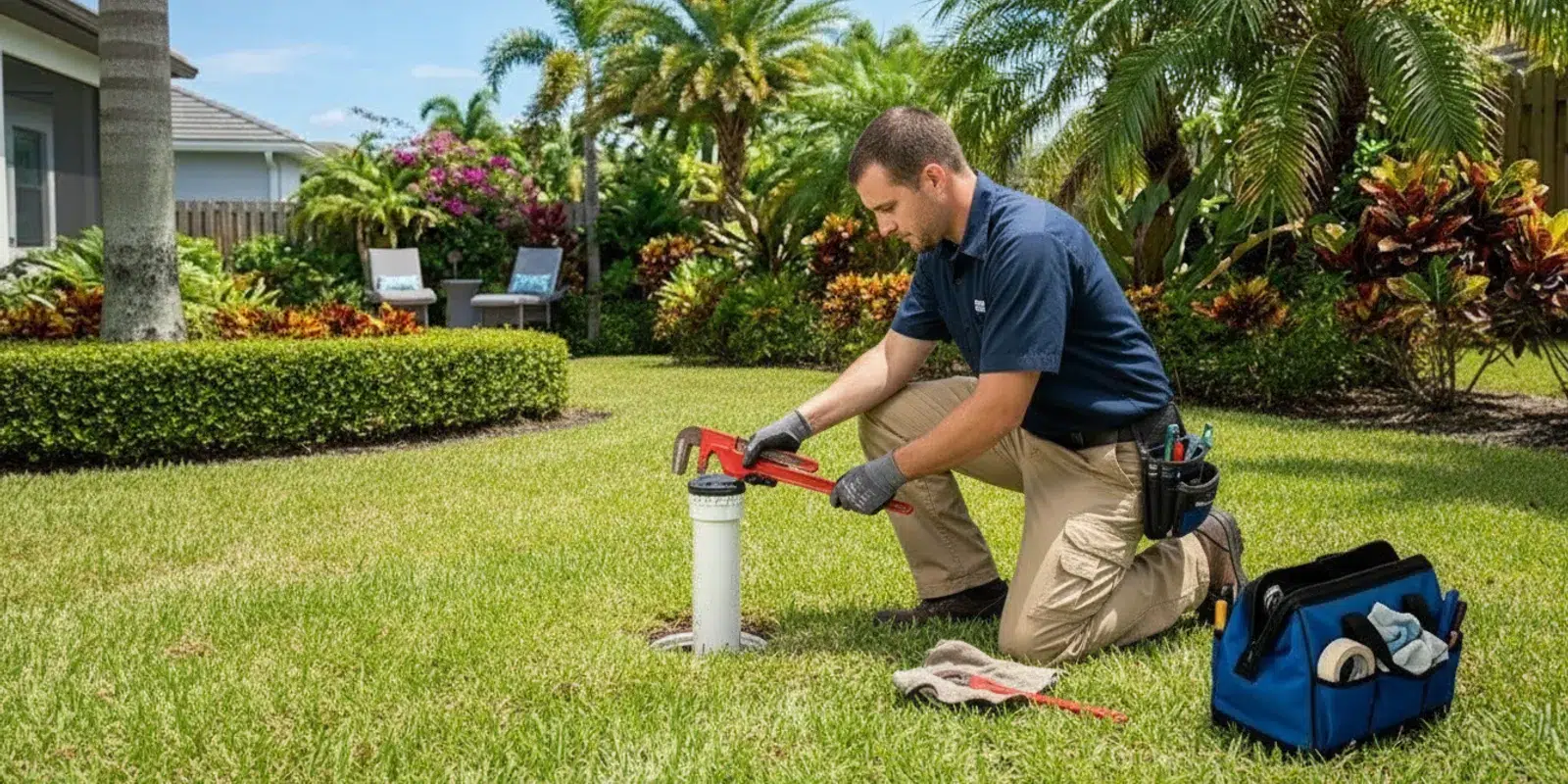Plumber inspecting an outdoor sewer cleanout at a Fort Myers home