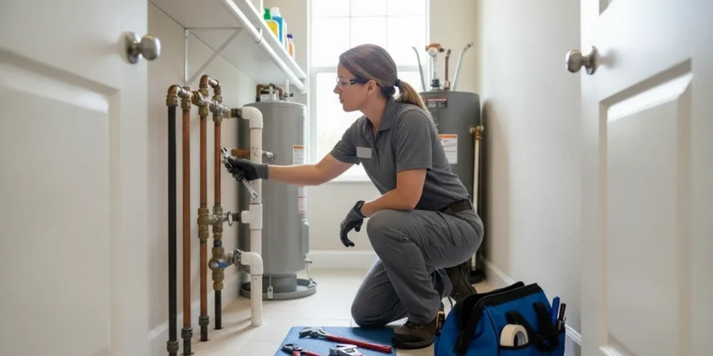 Plumber inspecting exposed water supply pipes in a residential home