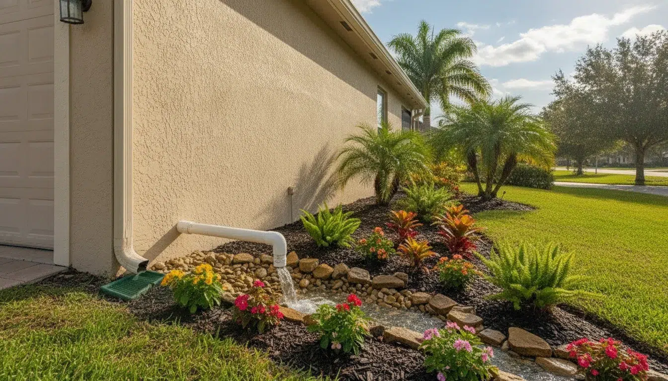 Sump pump discharge line directing water away from a Southwest Florida home